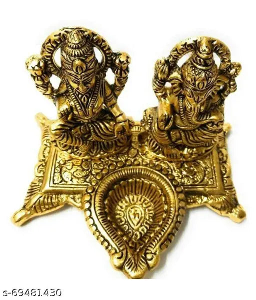 Metal gold plated Laxmi Ganesh Chocki Diya God Idol, 15x10x12 cm - Ornate antique finish for home decor and worship