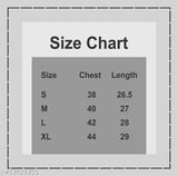 Size chart image showing a printed t-shirt with size measurements in inches and centimeters