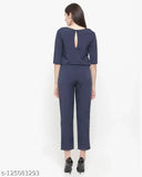Blue crepe women's jumpsuit, solid color, three-quarter sleeves, elasticated waist, Indian origin