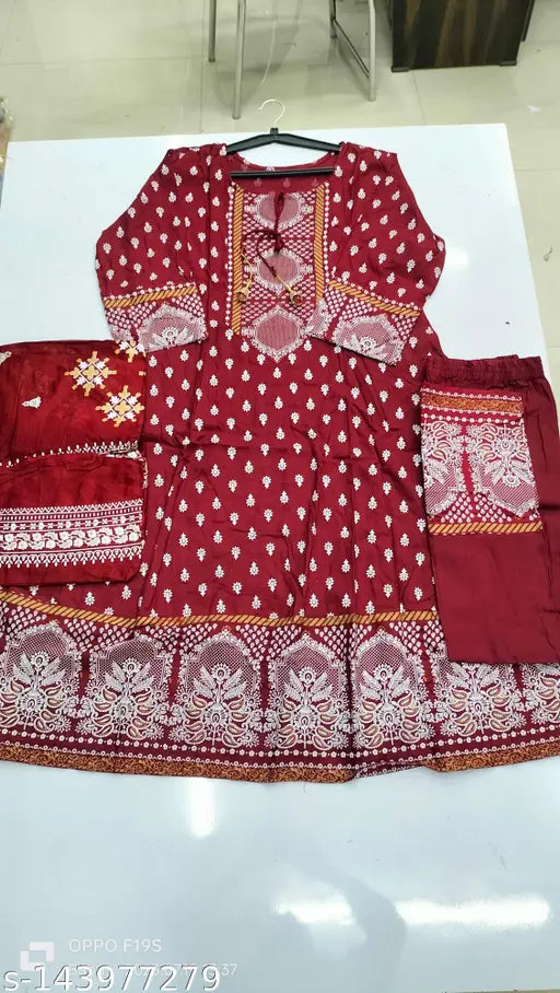 Red and gold rayon kameez with matching dupatta set, three piece outfit