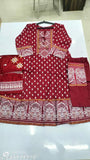 Red and gold rayon kameez with matching dupatta set, three piece outfit