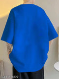 Royal Blue Cotton Blend Unisex Oversized T-shirt with printed net design, three-quarter sleeves on model