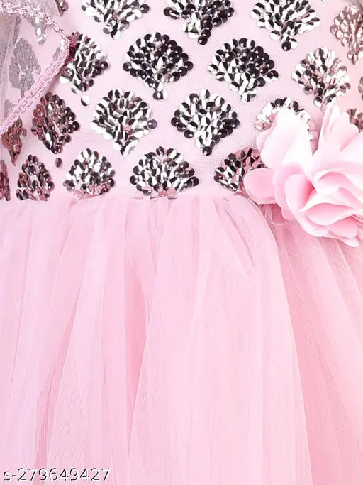 Pink sequined floral net gown for kids, embellished party wear dress with short sleeves