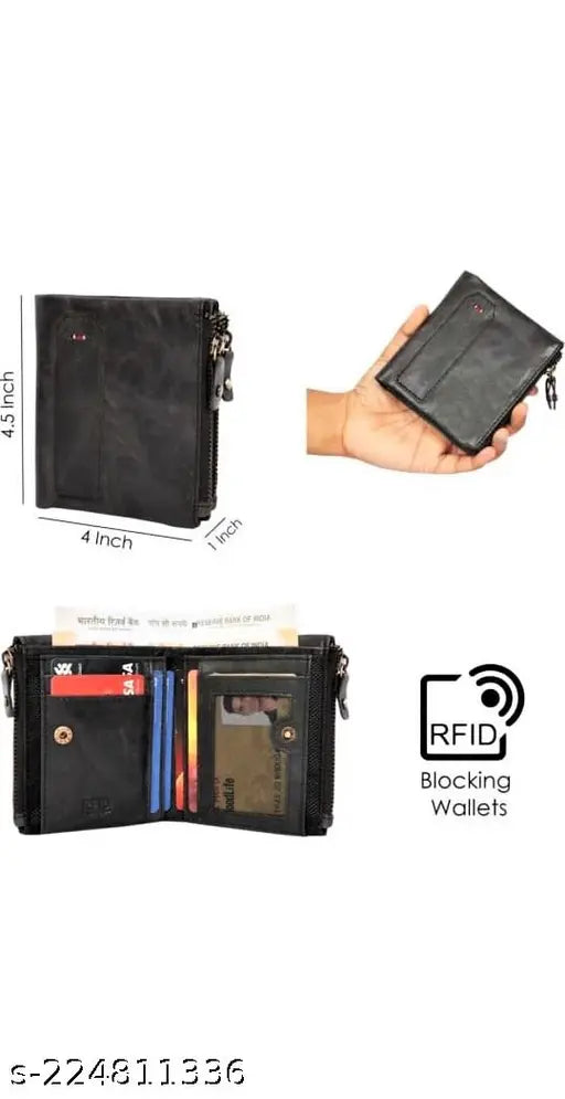 Black leather 2-fold wallet with multi card slots, minimal design, compact everyday carry