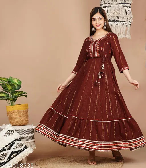 Maroon cotton blend embroidered Anarkali Kurta with gotta lace, trendy women's traditional wear for functions, parties, weddings