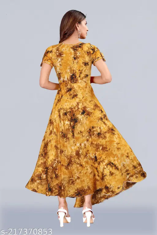 Yellow rayon shibori print anarkali style long kameez