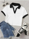 Black-White collar short sleeves crop top and tunic, lycra, solid pattern, cropped clothing for women, XS to XL sizes