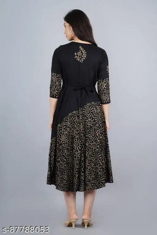 Long Indian ethnic dress with a patterned border, knee-length party wear