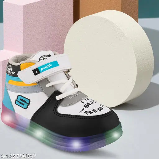 Black unisex children's sneakers with multicolored lights, LED footwear, glow in the dark effect