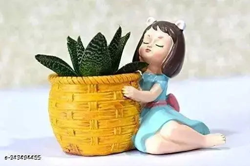 Blue-yellow dreaming fairy figurine with succulent basket planter pot (12X12X10), handcrafted resin statue from India