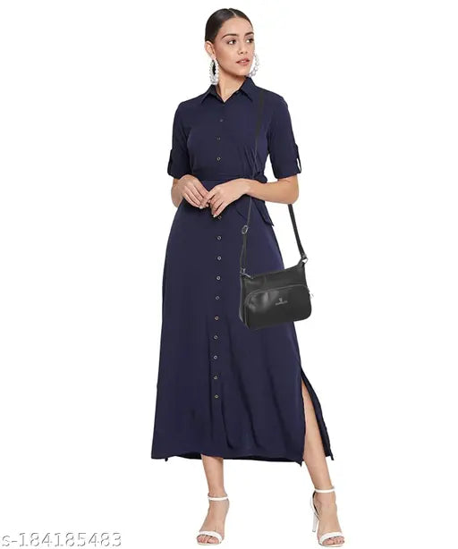 Women's blue satin sling bag with a black strap and multiple pockets