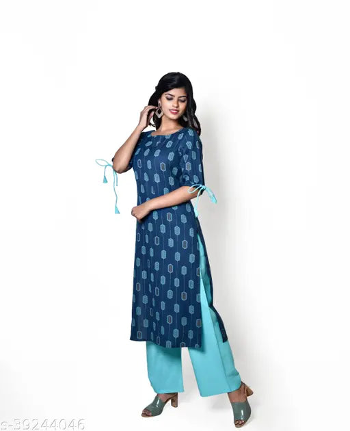 Rayon Alisha Petite Women's printed blue kurta with palazzos - three-quarter sleeves, single size S-XXL