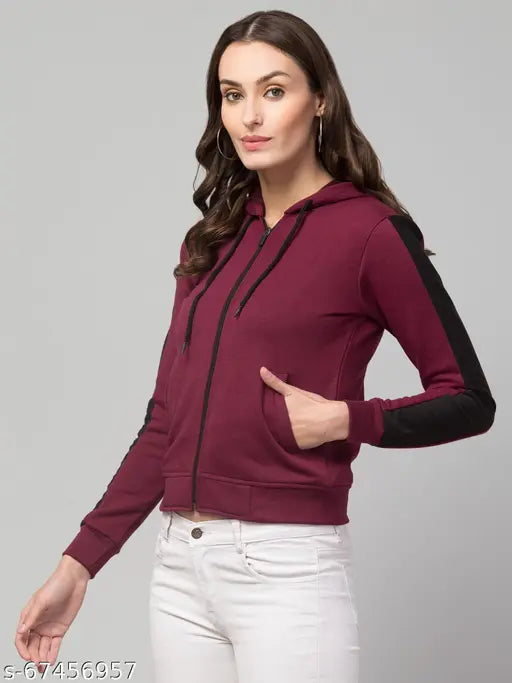 Women's solid-colored fleece hoodie, long sleeves, size S (34in bust, 21in length), made in India