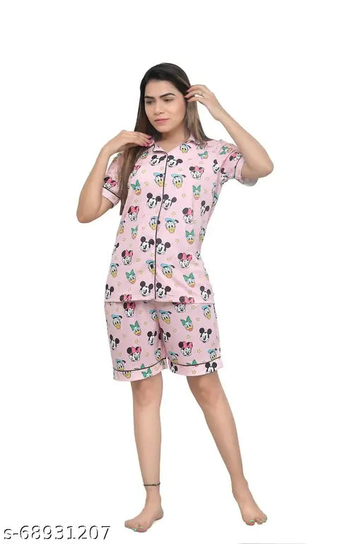 Women's digital print night suit: Relax-fit polycotton set (short sleeves, elastic waist) featuring cartoon design, made in India