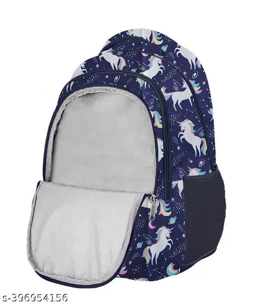 Blue polyester school backpack with flying unicorn design for students Class 1-8