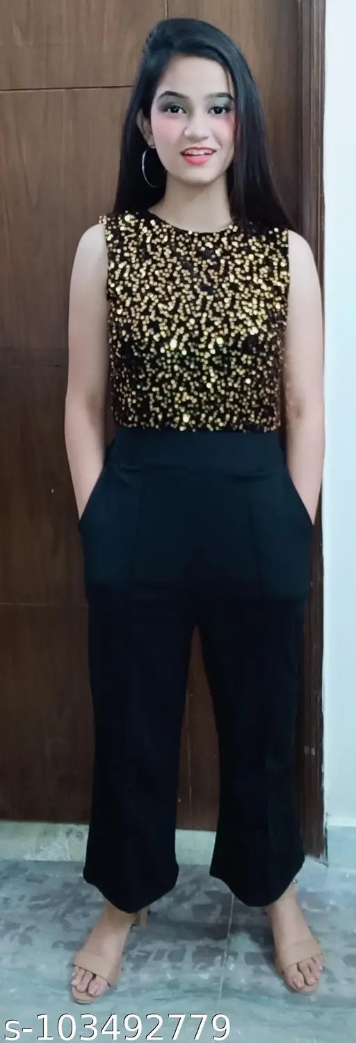 Rouge cotton blend sleeveless gold sequin jumpsuit for women, India-made