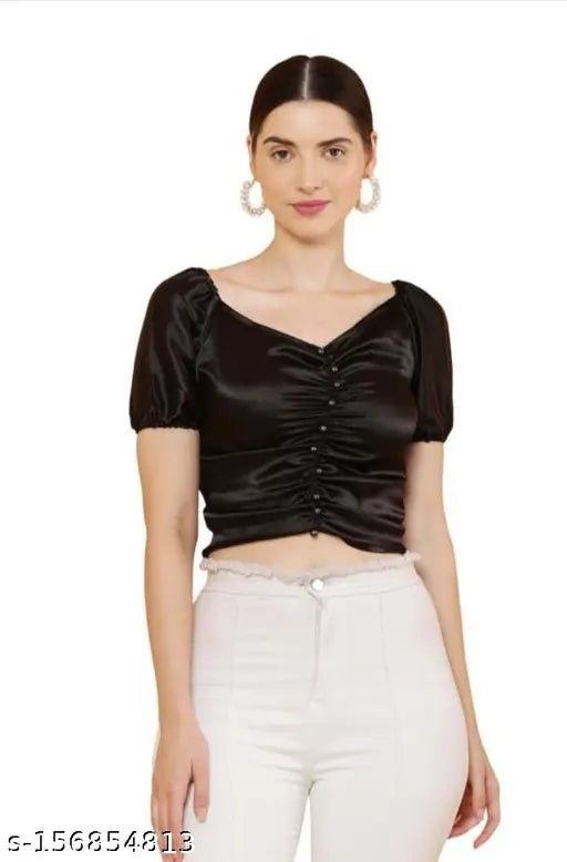 Printed satin crop top for girls (M: 36-32, L: 38-34). Ideal for beach, events, or with mini skirts