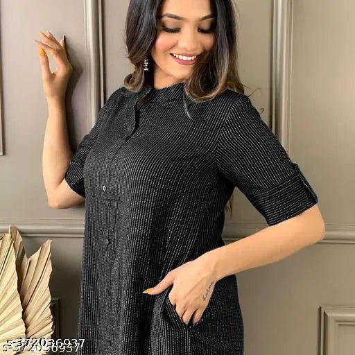 Black cotton blend kurta plaazzo set, printed net pattern, three-quarter sleeves, new design with two side pockets, size options available from S to XXL