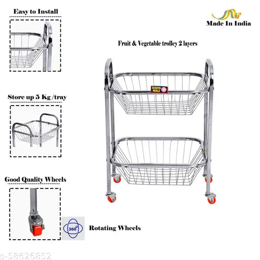 Silver metal basket cart with wheels and a handle