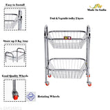 Silver metal basket cart with wheels and a handle