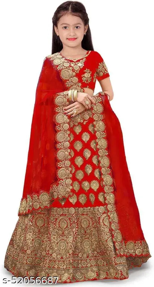 Red embroidered taffeta silk lehenga choli and net dupatta set - vibrant floral print, perfect for festive occasions