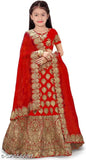 Red embroidered taffeta silk lehenga choli and net dupatta set - vibrant floral print, perfect for festive occasions