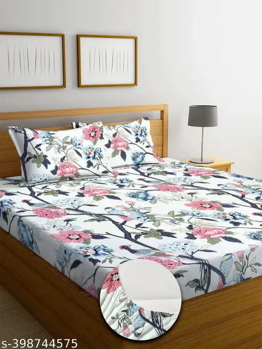 Cotton floral wooden fitted bedsheet, superfine quality with 2 pillow covers, ideal for adults. Made in India