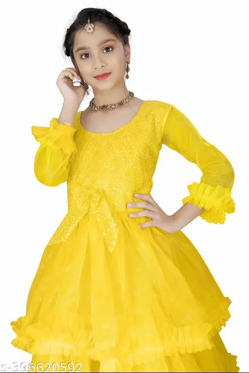 Exquisite net self-design flower girl dress, three-quarter sleeves, 5-16 years sizes available