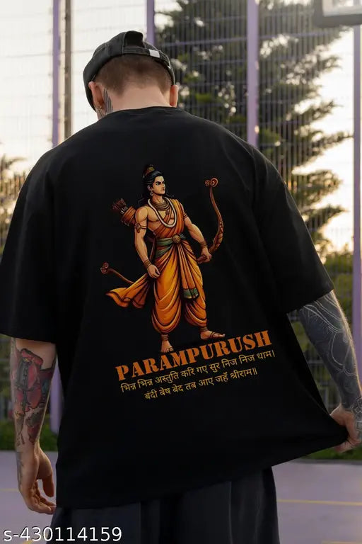 Men's Parampurush black printed cotton blend T-shirt, short sleeves with oversized fit, available in S, M, L, XL, XXL