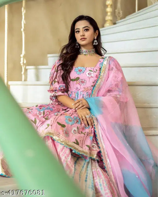 Pink floral rayon kameez and sharara set with dupatta