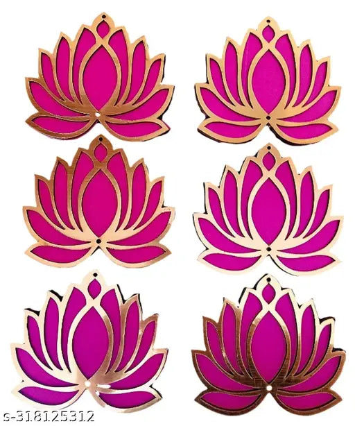 Handcrafted pink & golden 12-piece Lotus DIY rangoli kit for festive home decor, made from durable pinewood with vibrant vinyl finish
