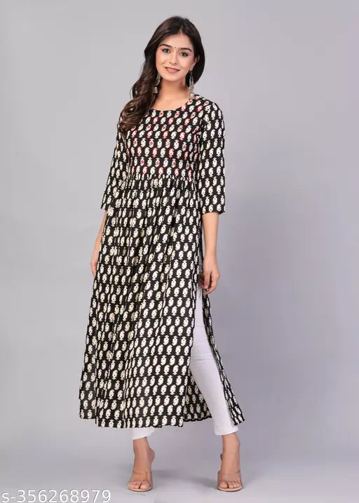 Viscose Rayon printed Naira cut kurta in black, three-quarter sleeves, floral design for women, India origin