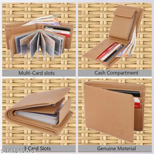 Beige faux leather JnD mens album wallet, solid design with 11 credit card slots, 2 secret compartments, durable cloth lining, made in India