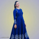 Royal blue rayon anarkali kurti with Rakul printed combo, three-quarter sleeves for women's fashion, India origin