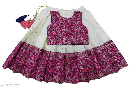Art Silk kids' floral lehenga choli, ready-made with cotton inner for comfort at various age groups: 6-12M, 18-24M, 1-2Y, 2-3Y, 3-4Y, 4-5Y, 5-6Y, 6-7Y, 7-8Y. Indian-made lehenga with drawstring for easy wear and suitable for family functions or first birthdays