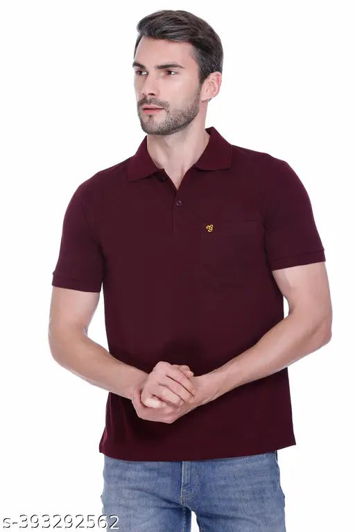 Men's short-sleeve solid polycotton polo t-shirt, available in sizes L (39" chest, 27" length), XL (41" chest, 28" length), XXL (43" chest, 29" length). High-quality, breathable fabric for everyday wear. Machine washable with no shrinkage. Made in India