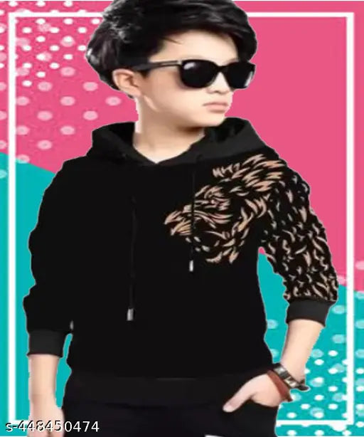 Lion print kids hooded cotton t-shirt, long sleeves, comfortable fit Main image