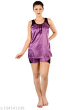 PurpleBlack satin combo top & shorts set, comfortable and chic women's sleepwear, perfect for bedroom or special occasions, Indian-made