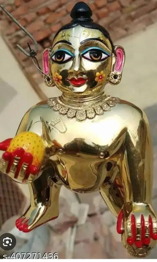 Brass Krishna Idol, Laddu Gopal Ji size 5, Indian religious statue on a pedestal