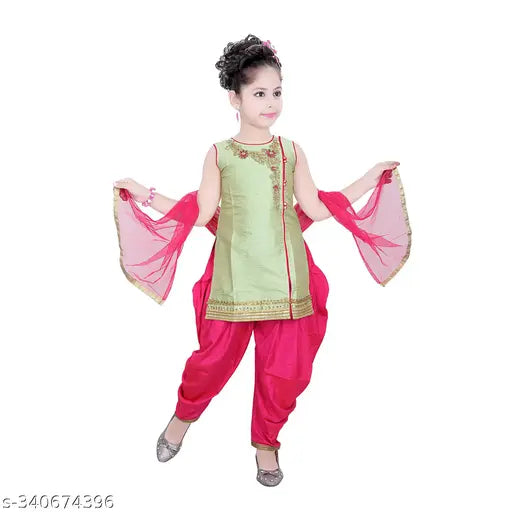Dupion silk patiala & checked kurta set for kids girls, enhancing beauty with excellent zari work