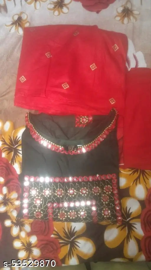 Red, Rayon Cot Dupatta Set with multiple patterns