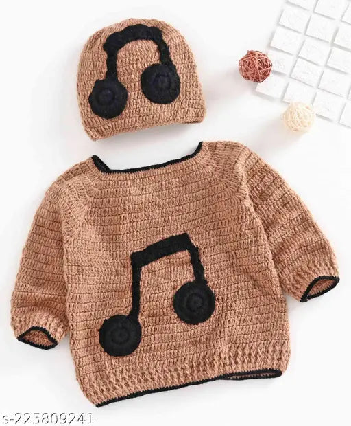 Brown acrylic crochet full sleeves music theme sweater - self-design for toddlers & kids, featuring intricate patterns inspired by Indian craftsmanship from Usha Enterprises