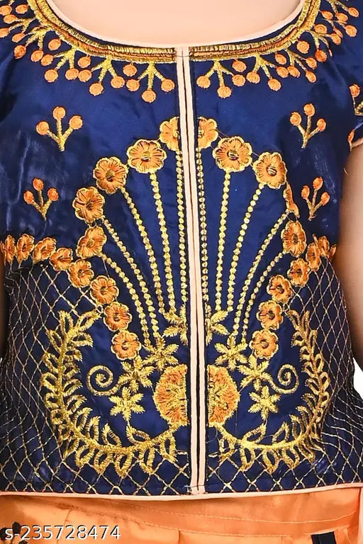 Art silk blue-orange lehenga & net dupatta set, embellished with intricate embroidery. Indian ethnic party wear for girls aged 3-9 years