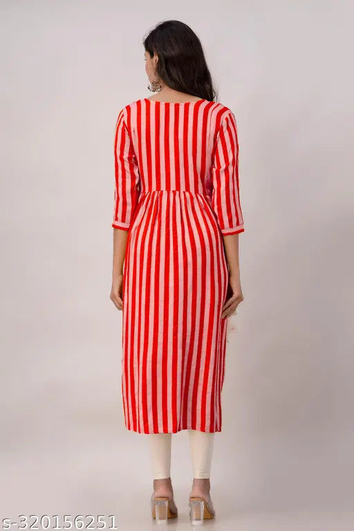 Red A-line rayon kurti with striped print, pure Kapadia design for festive party wear or wedding events, three-quarter sleeves