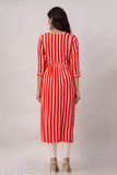 Red striped rayon A-line kurti for women, pure printed festive wear from Kapadia Designs