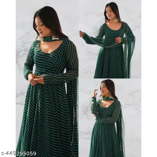 Green Georgette Anarkali Suit with Dupatta, long sleeves, dyed/washed print on crepe bottom and dupatta