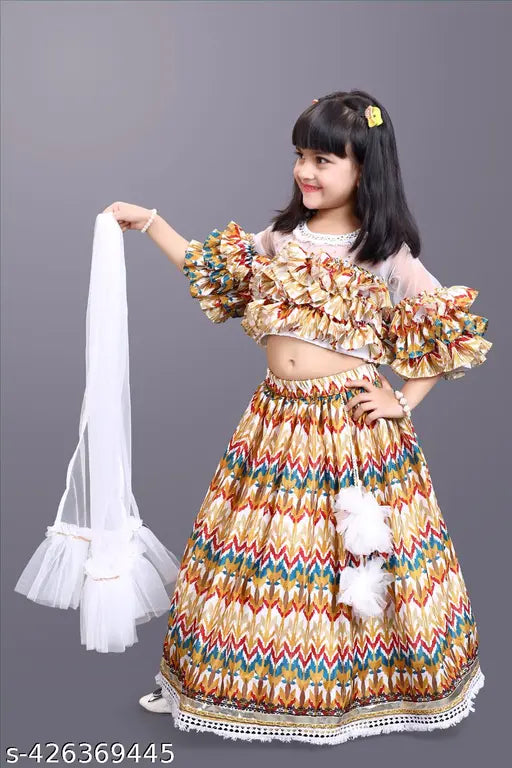 White cotton blend round neck Lehenga Choli set with floral print, net dupatta for kids, fully stitched ethnic outfit