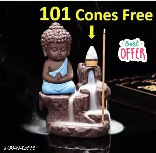 Resin Buddha Backflow Smoke Fountain with 101 cone incenses, plastic, made in India. Indian-style fountain for burning incense cones on windless occasions