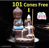 Resin Buddha Backflow Smoke Fountain with 101 cone incenses, plastic, made in India. Indian-style fountain for burning incense cones on windless occasions