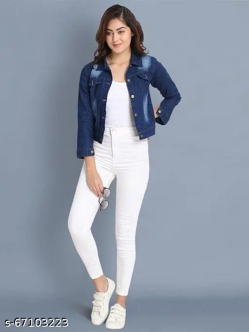 Dark wash denim jacket with acid wash pattern, long sleeves. S, M, L sizes available